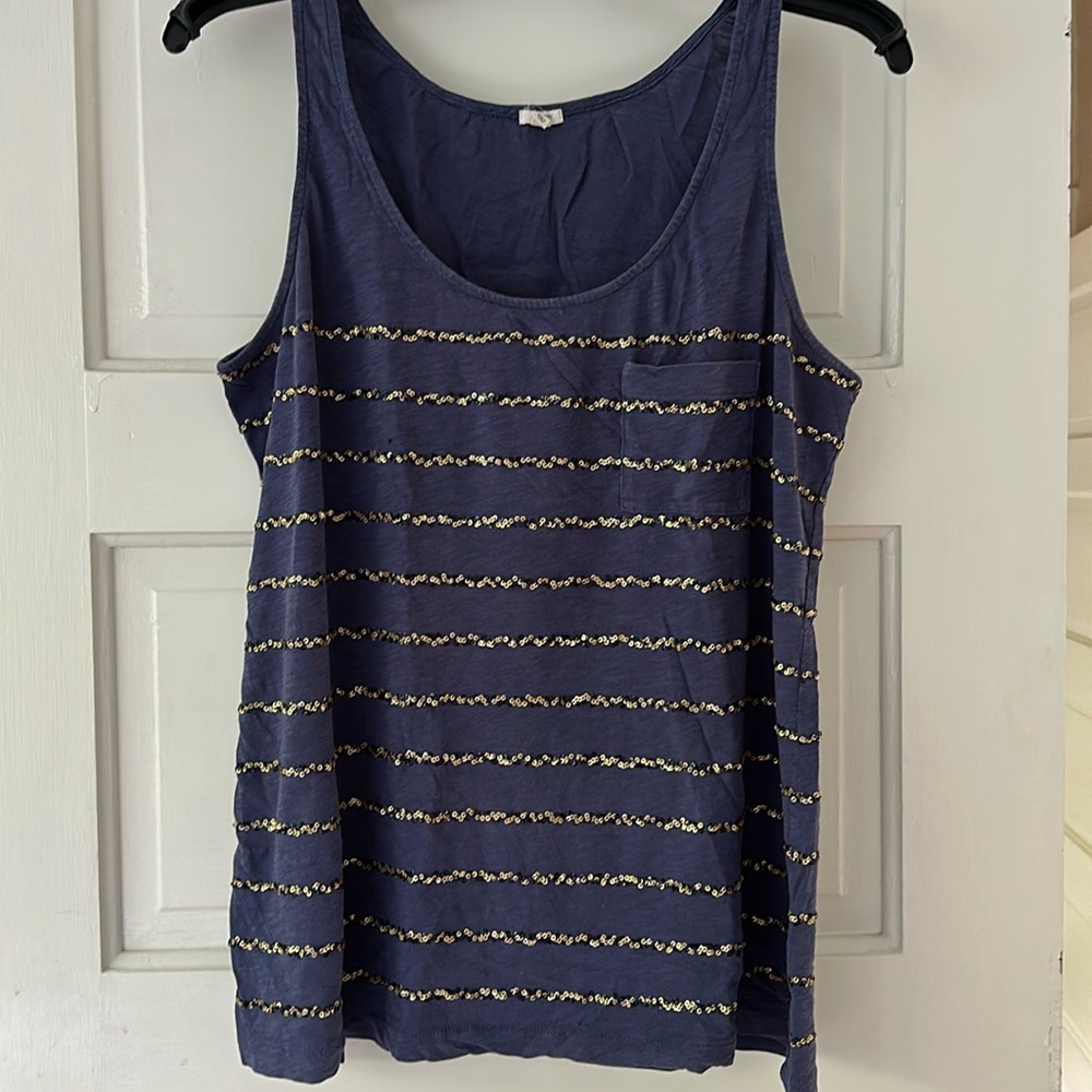 JCrew Navy tank top with gold sequin stripe detail - Size L